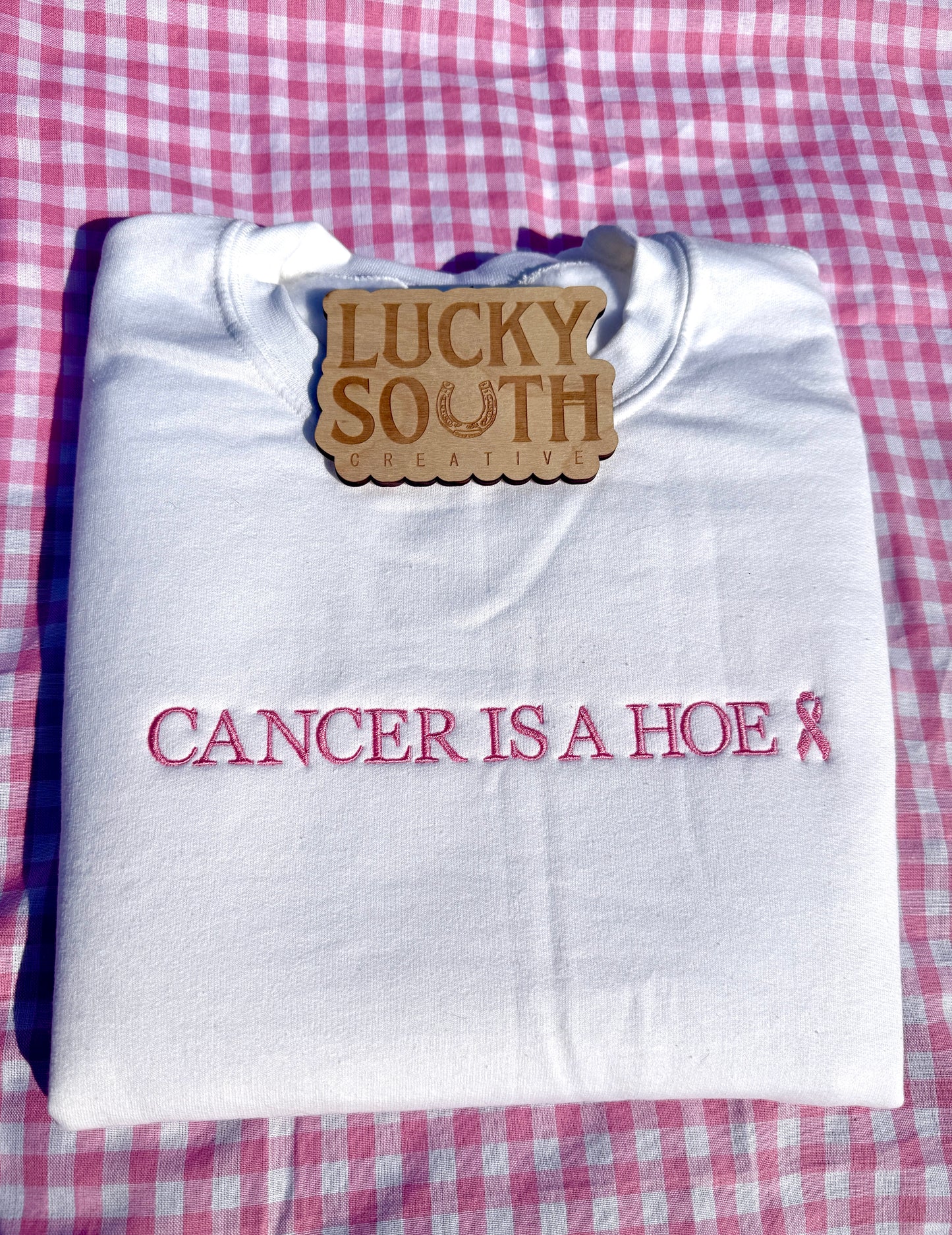 Cancer is a hoe crewneck with breast cancer ribbon.