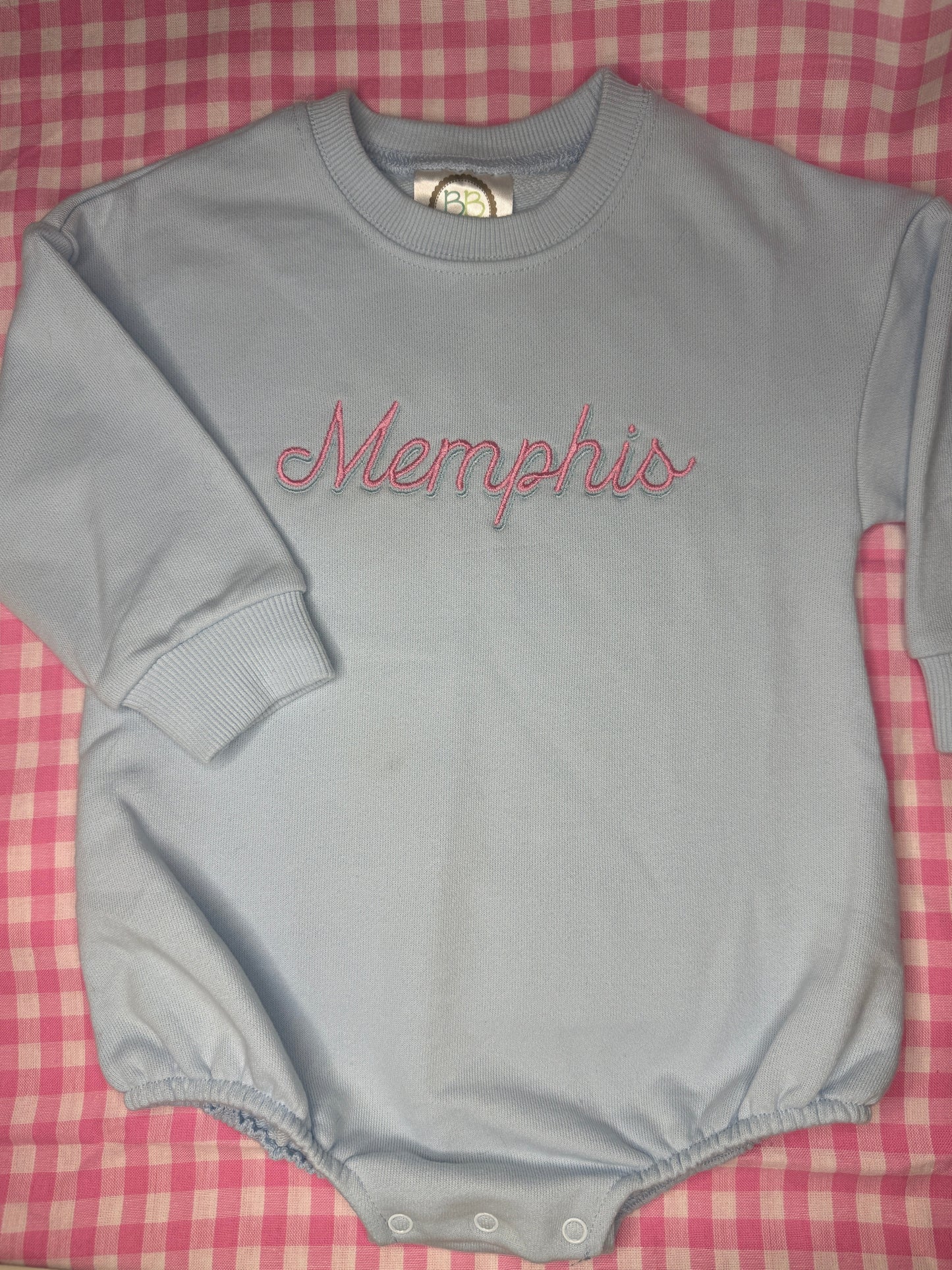 Double Satin Font- Blue Unisex Sweatshirt Bubble Romper